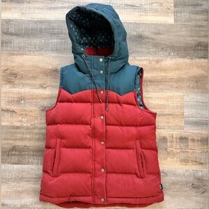 Patagonia Bivy Hooded Down Puffer Vest Womens Large Style 27745 Maroon Blue